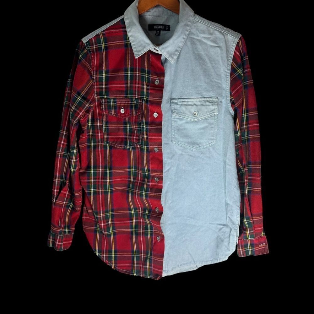 Misguided Denim/Cotton Women's Mixed Media Curved Hem Button down Shirt‎ Sz 0